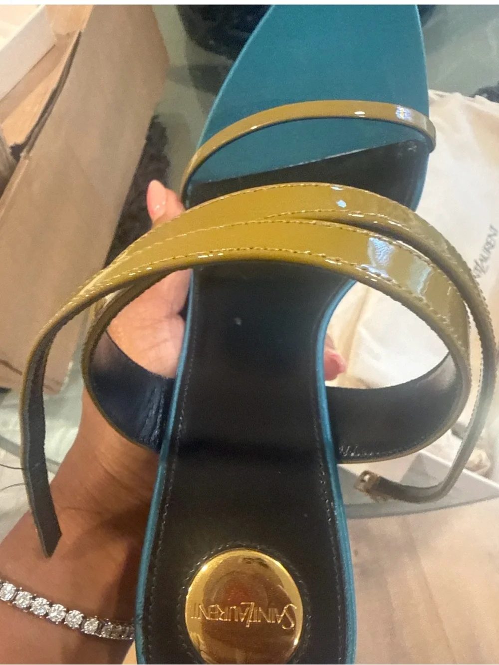 Saint Laurent Teal and Gold Gippy Wedge Sandal with Tan Straps